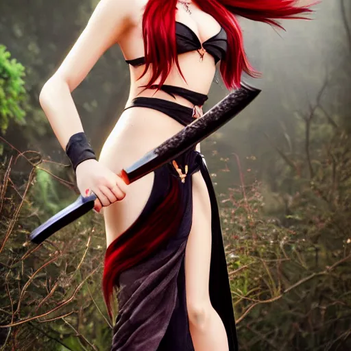 Prompt: dslr photo of beautiful erza scarlet wearing a elegant dress, with real looking skin, standing holding a katana that is very detailed, portrait photo, real photo, real camera, extreme detailed face and body, high quality, moody lighting, fast paced lines, sharp quality, enchanting lighting, 8 k