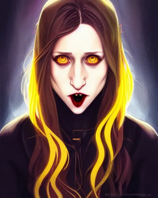 Image similar to in the style of Joshua Middleton and artgerm, beautiful evil vampire Taissa Farmiga sharp bloody vampire fangs open mouth, yellow eyes, symmetrical eyes, realistic face, symmetrical face, long black hair, full body, moody lighting