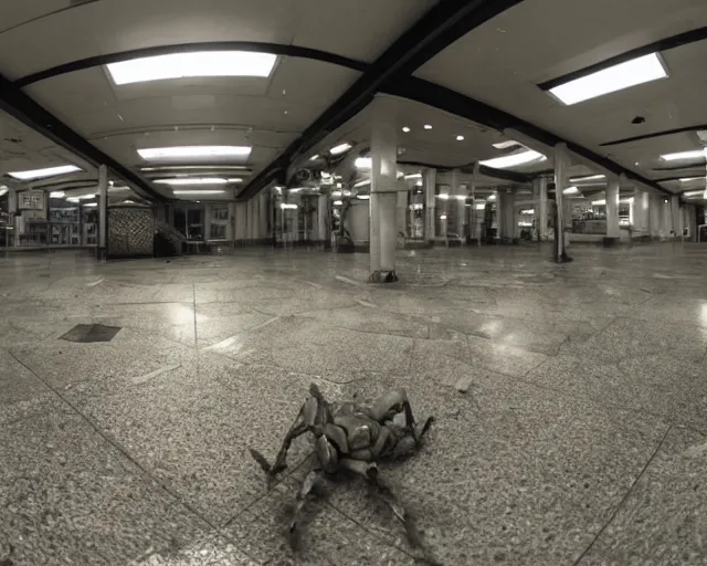 Prompt: camera footage of a Rabid Zerglings in an abandoned shopping mall, high exposure, dark, monochrome, camera, Unreal engine 5, grainy, CCTV, security camera footage, timestamp, zoomed in, fish-eye lens, Evil, Zerg, Brood, spider, horrifying, lunging at camera :4