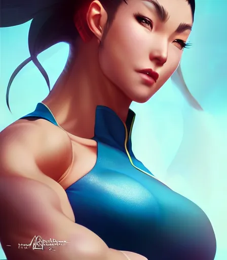 Image similar to beautiful portrait of a gorgeous personal trainer who looks like Chun Li , character design by charlie bowater, ross tran, artgerm, and makoto shinkai, detailed, soft lighting, rendered in octane