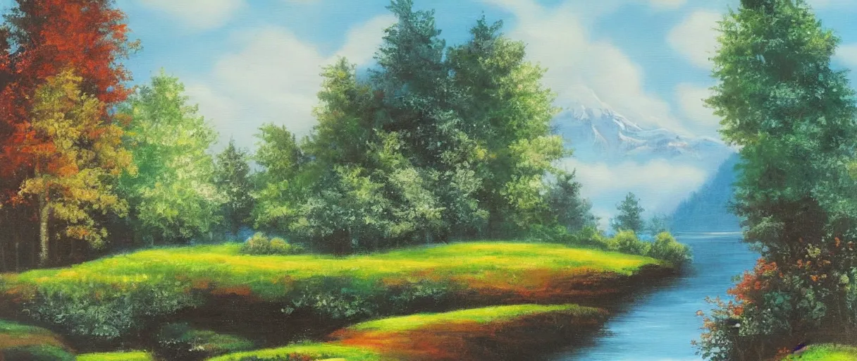 Prompt: a beautiful unique landscape painting influenced by bob ross.