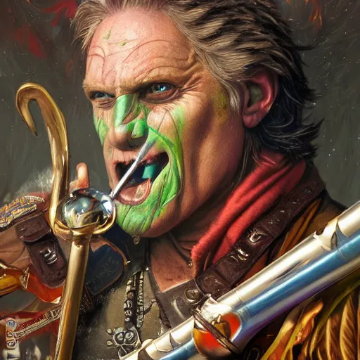 Prompt: detailed photo of a Half-orc bard portrayed by Gary Busey playing a flute, 8k,by Tristan Eaton, Stanley Artgermm, Tom Bagshaw, Greg Rutkowski, Carne Griffiths, trending on DeviantArt, face enhance, hyper detailed ,full of color, dramatic lightning, epic stance