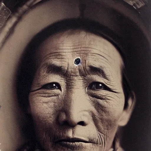 Image similar to ultra realistic vintage photo portrait of a tibetan man with a big hole on the forehead, by Annie Leibovitz,