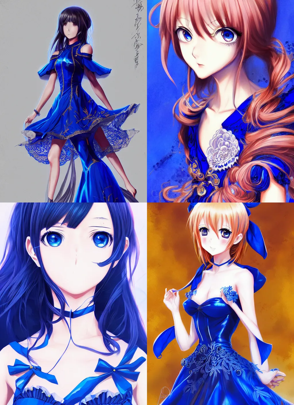 Prompt: anime girl wearing a brilliant royal blue dress, intricate detail, digital portrait by artgerm and wpol, android jones, artstation