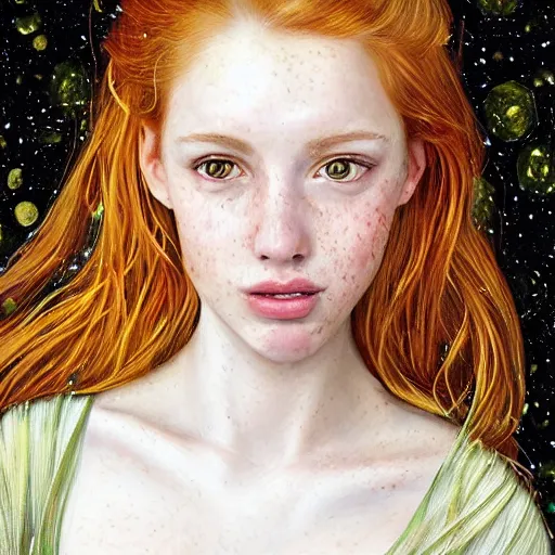 Prompt: a highly detailed, hyper realistic, portrait with torso of a red haired young woman, among wonderful golden fireflies, long hair, green eyes, hint of freckles, round gentle face, cheeky smile, white romantic dress with intricate details, deep focus, elegant, digital painting, smooth, sharp, golden ratio, illustration, art by artgerm and caravaggio