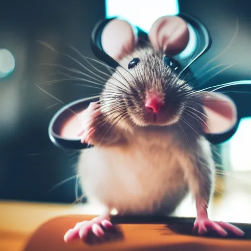Prompt: a cute mouse wearing a vr headset, photography, 1 7 mm, f / 1 6, award wining photography, close up, soft lighting