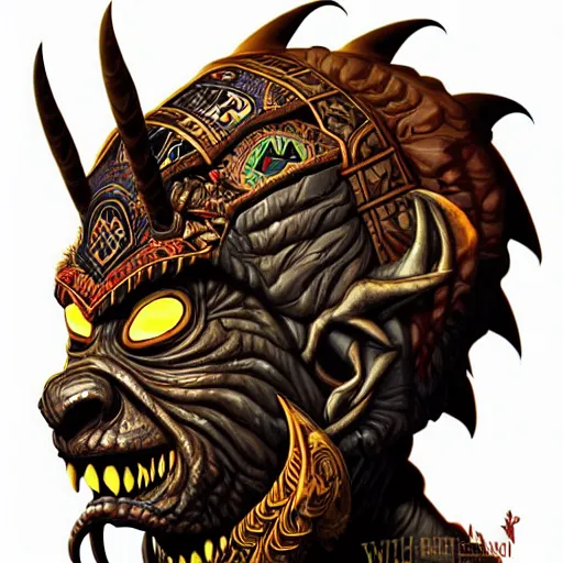 Prompt: side profile of barong family member, wiwek, mara demon, one single tribe member, jungle, one single mask, dark, ancient warrior, dwarf, midget, tribal, inner glow, art by dan mumford and justin gerard