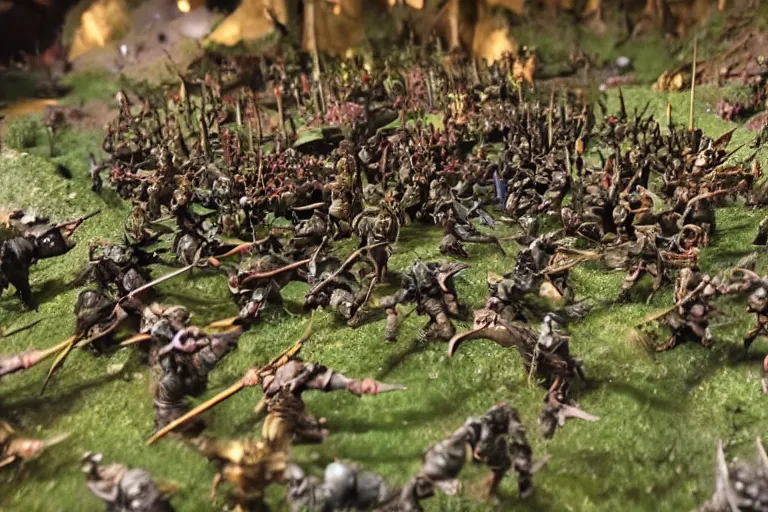 Image similar to photo taken of an epic intricate, ultra detailed miniature modular, battlefield diorama created by weta workshop, zoomed in shots focussing an army of high elves battling a horde of orcs, with highly detailed exquisitely painted 3 d printed characters, cinematic wide shot, photorealistic, sharp focus, f 0. 4, low angle shot, macro, golden ratio, golden hour