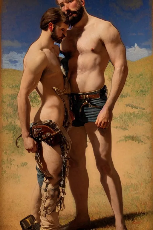 Prompt: a homoerotic painting by tom of finland, edward bierstadt, alphonse mucha, j. c. leyendecker of two attractive hairy cowboy gunslingers in love standing back to back | bandoliers, shirtless, leather clothing | natural lighting, path traced, highly detailed, high quality, digital painting, trending on artstation