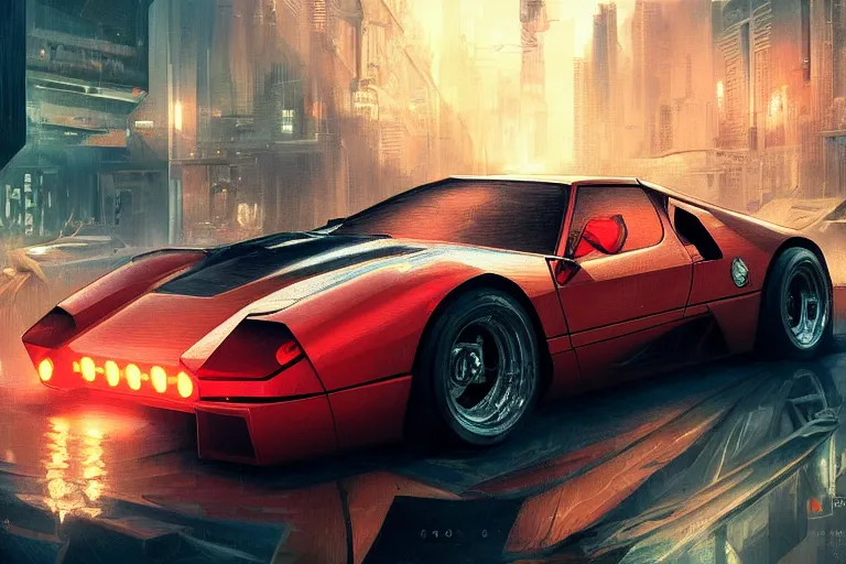 Image similar to luxury cyberpunk Ferrari 288 GTO, highly detailed, digital painting, artstation, concept art, sharp focus, illustration, art by artgerm and greg rutkowski and alphonse mucha