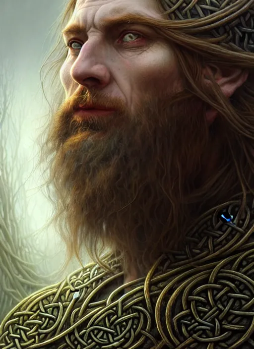 Prompt: closeup portrait shot of a celtic druid in a scenic dystopian environment, intricate, elegant, highly detailed, centered, digital painting, artstation, concept art, smooth, sharp focus, illustration, artgerm, tomasz alen kopera, peter mohrbacher, donato giancola, joseph christian leyendecker, wlop, boris vallejo