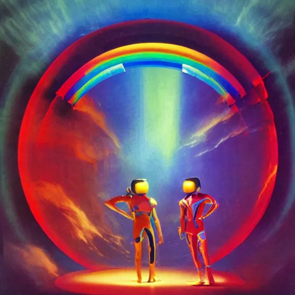 Image similar to two emperors of time wearing techno visors and red rick owens flight suits with their hands behind their backs inside the glowing geometric rainbow portal to the sixth dimension by frank frazetta