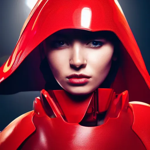 Image similar to headshot of an beautiful female soldier in futuristic intricate glossy sleek white armor with tiny red details and a long red cape, downward angle, determined expression, no helmet, on the surface of mars, night time, cinematic, sci-fi, hyperrealistic