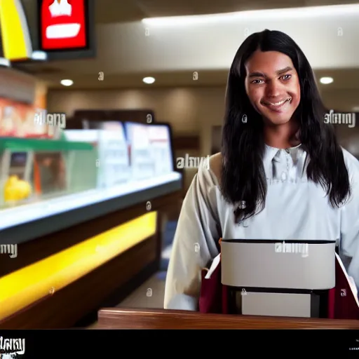 Prompt: closeup portait of jesus working as a cashier at macdonalds