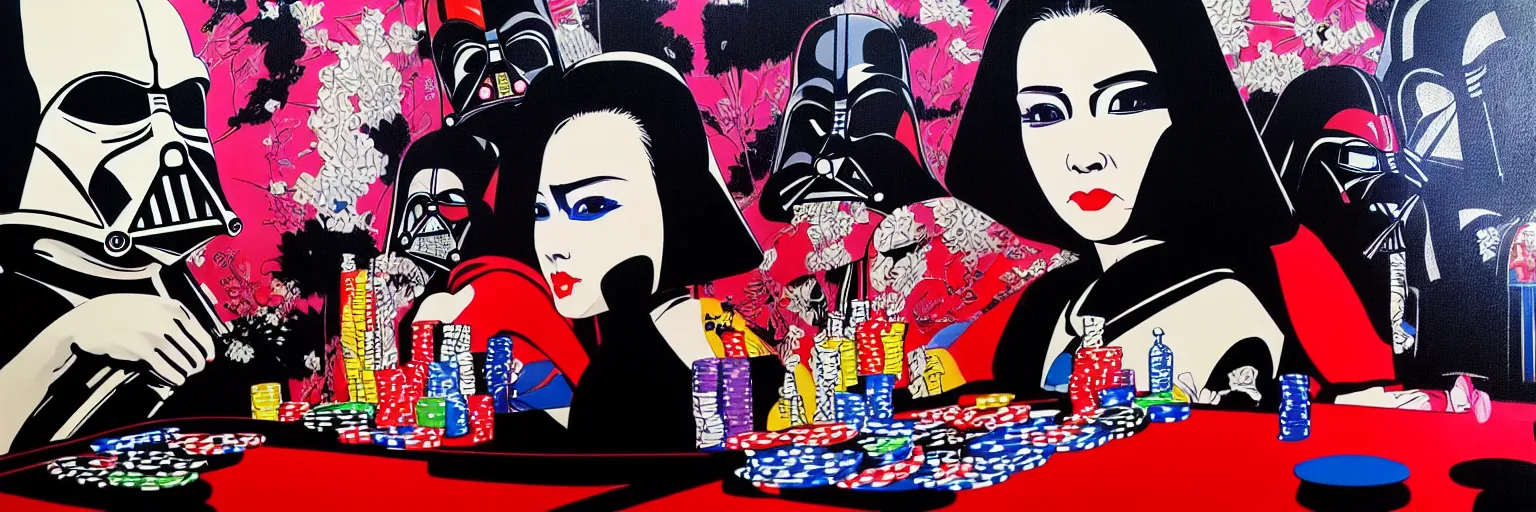 Image similar to hyperrealism composition of the detailed woman in a japanese kimono sitting at an extremely detailed poker table with darth vader, terminator, fireworks on the background, pop - art style, jacky tsai style, andy warhol style, acrylic on canvas