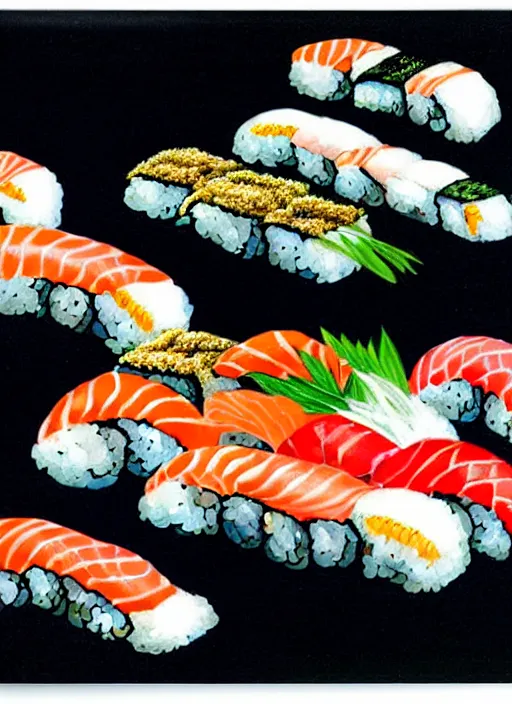 Image similar to clear photorealistic picture of disproportionate sushi, by salvador dali