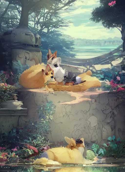 Prompt: beautiful fantasy painting scene of anime chill summer day with corgi, by Kenne Gregoire, James Jean, Tran Nguyen, WLOP, Jakub Rebelka. trending on Artstation, 8k, masterpiece, face enhance, graffiti paint, fine detail, full of color, intricate detail, golden ratio illustration