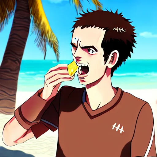 Image similar to andy murray eating chocolate on the beach, sunshine, illustration, style of sword art online, trending on artstation