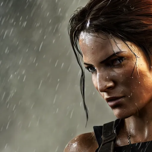 Image similar to Lara croft as blacksmith, wet face , heavy rain ,dramatic, intricate, highly detailed, concept art, smooth, sharp focus, illustration, Unreal Engine 5, 8K