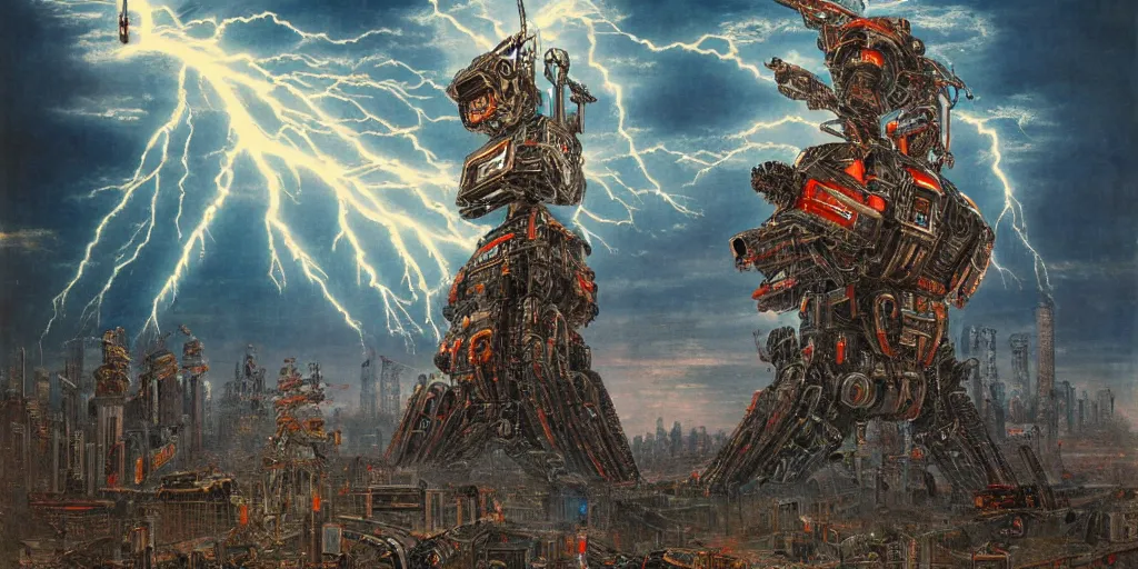 Image similar to Giant War Robot in the middle of Tokyo in style of Gustave Moreau. Symbolism, Detailed Art, 8K, Epic, Dynamic Lightning.