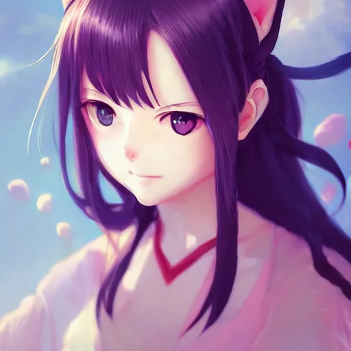 Prompt: anime portrait of a cat gitl as an anime girl by Stanley Artgerm Lau, WLOP, Rossdraws, James Jean, Andrei Riabovitchev, Marc Simonetti, and Sakimichan, trending on artstation