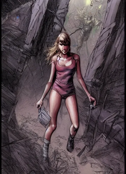 Image similar to beautiful concept art comic book drawing of taylor swift hiking by randy vargas and simon bisley