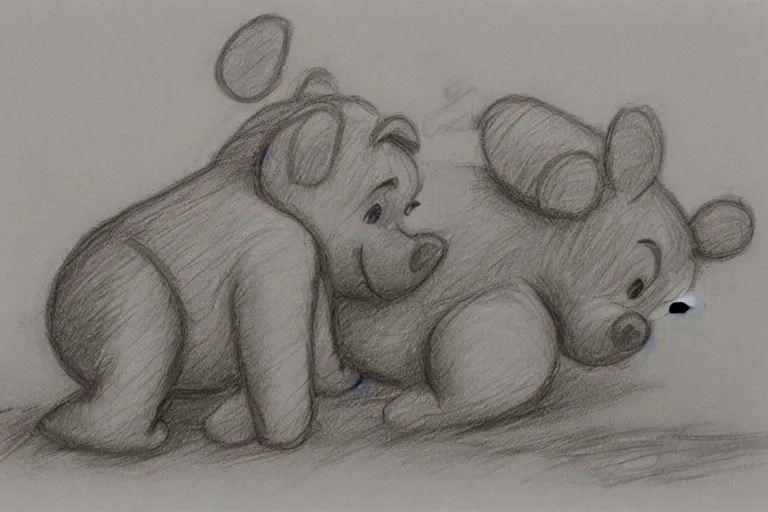 Prompt: winnie the pooh and tigger eating piglet, pencil sketch, high detail, hyper realistic,