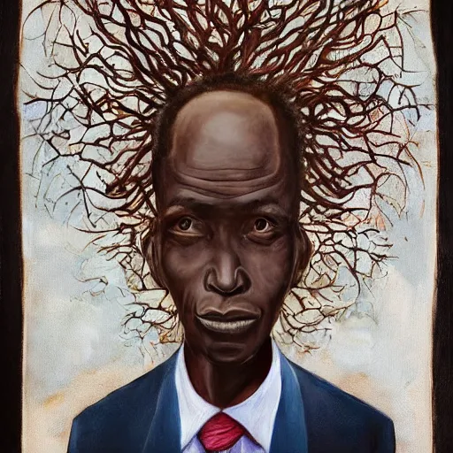 Image similar to a painting of a fatherly wide forehead, round face, XXL , loving, caring, generous, ever-present, humble, wise elder from Kenya in a suit by Wangechi Mutu . Fatherly/daddy, focused, loving, leader, relaxed,. ethereal lights, details, smooth, sharp focus, illustration, realistic, cinematic, artstation, award winning, rgb , unreal engine, octane render, cinematic light, macro, depth of field, blur, red light and clouds from the back, highly detailed epic cinematic concept art CG render made in Maya, Blender and Photoshop, octane render, excellent composition, dynamic dramatic cinematic lighting, aesthetic, very inspirational, arthouse.