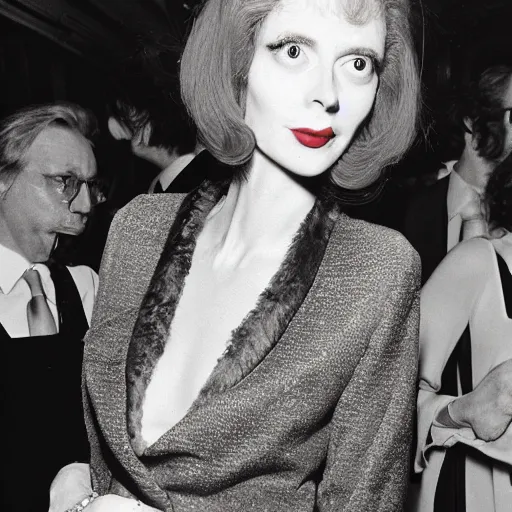 Image similar to Uptight tall, slender, pale, stringy red hair, big eyes, pancake makeup, bored English shipping heiress Folio Smythe at party for the Financial Times, 35mm photo, 1975