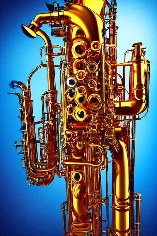 Image similar to portrait photo of a giant huge golden and blue metal humanoid steampunk robot saxophone player with multicolored big gears and tubes, a golden saxophone, eyes are glowing red lightbulbs, shiny crisp finish, 3 d render, 8 k, insaneley detailed, fluorescent colors, background is multicolored lasershow