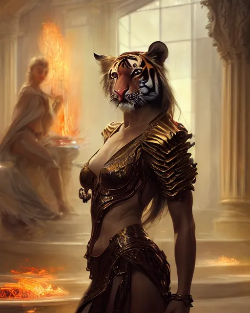 Image similar to daniel gerhartz and wlop and tom baghshaw, detailed portrait, digital painting of a beautiful half - tiger half - woman, evil mood, throne room in the background, embers flying, unreal engine, hyper realism, realistic shading, cinematic composition, blender render, octane render, ultrawide shot