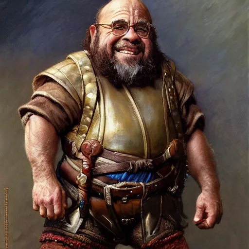 Image similar to a full body heroic pose of danny devito as a d & d style dwarf, highly detailed painting by gaston bussiere, craig mullins, j. c. leyendecker, 8 k