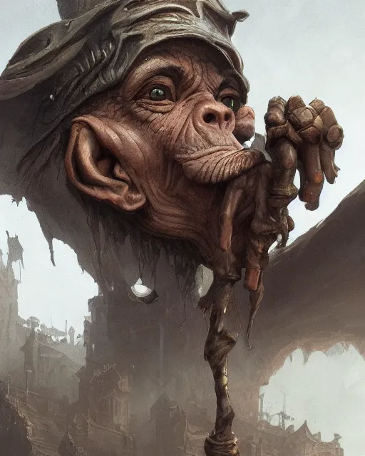 Image similar to A goblin merchant selling treasuries, highly detailed face, close-up, fantasy art, goblin art, in the style of greg rutkowski, illustration, epic, fantasy, intricate, hyper detailed, artstation, concept art, smooth, sharp focus, ray tracing