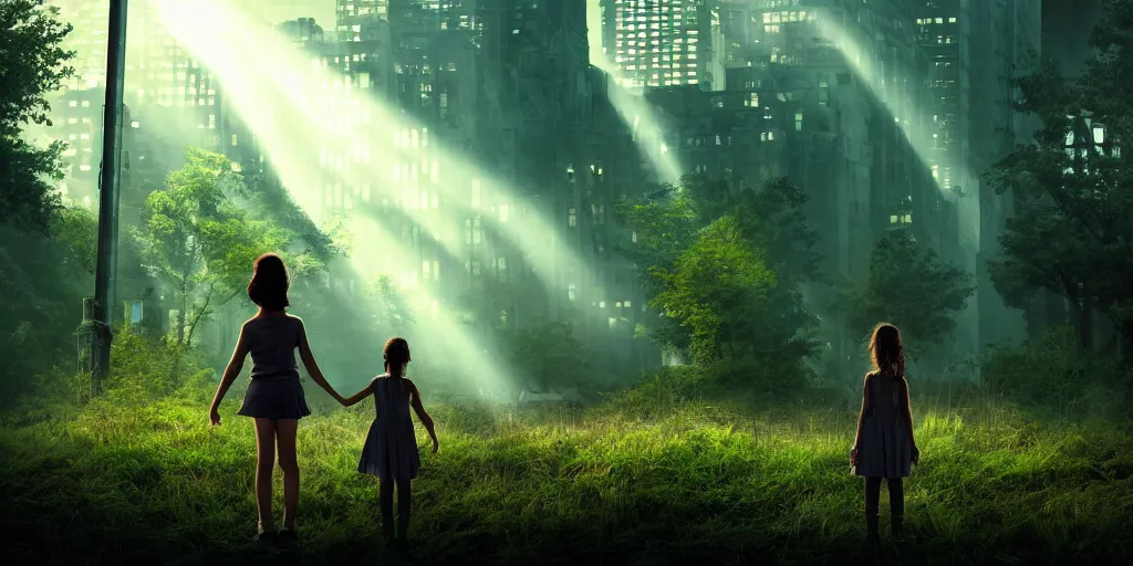 Image similar to textless sci - fi scene future overgrown new york city street, little girl alone in manhattan holding the left hand of giant robot, forest punk, crepuscular rays, epic scene, hyper realistic, photo realistic, overgrowth, cinematic atmosphere, ethereal lighting,