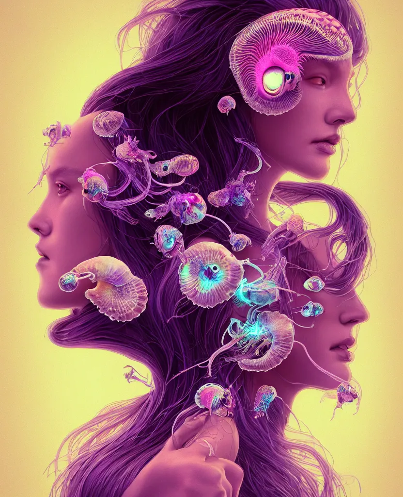 Image similar to goddess princess beautiful woman face close-up portrait ram skull. jellyfish phoenix head, nautilus, orchid, skull, betta fish, bioluminiscent creatures, intricate artwork by Tooth Wu and wlop and beeple. octane render, trending on artstation, greg rutkowski very coherent symmetrical artwork. cinematic, hyper realism, high detail, octane render, 8k