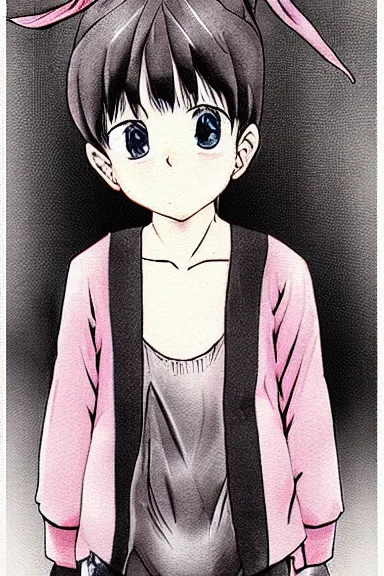 Prompt: attractive little boy wearing an bunny suit, manga style art