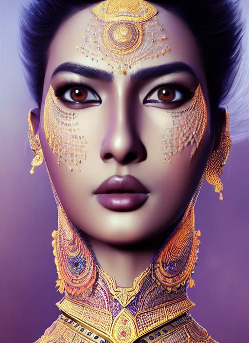 Image similar to portrait of indian model, intricate, ( ( robot features ) ), sharp focus, octane render, realistic, detailed, beautiful, unreal engine, symmetrical!!, maybelline, sephora, loreal, artstation, art by artgerm, rossdraws, art by karol bak, makeup by pat mcgrath, cinematic, concept art, filmic, vsco