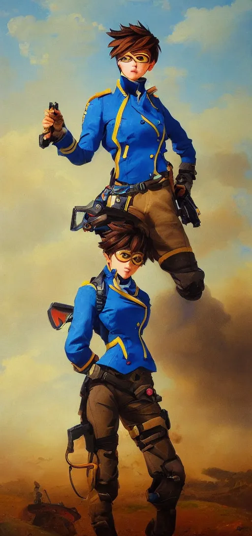 Image similar to oil painting of tracer overwatch in a field wearing blue uniform, in style of ivan aivazovsky, expressive face, detailed face, detailed eyes, full body, feminine face, tracer overwatch,