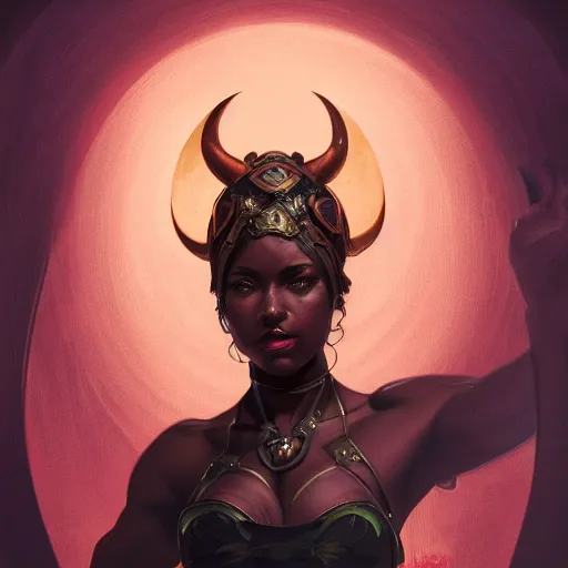 Image similar to portrait of a beautiful blackwomen devil warrior MTG iluustration, demon hunter ,intricate, headshot, highly detailed, digital painting, artstation, concept art, cinematic lighting, illustration, art by artgerm and greg rutkowski, alphonse mucha, cgsociety, science fiction