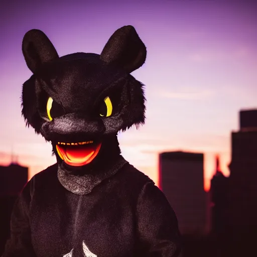 Image similar to photograph of a black dragon fursuiter at a furry convention in the city, outdoors during sunset, studio photography, f/1.8 cinematic lens