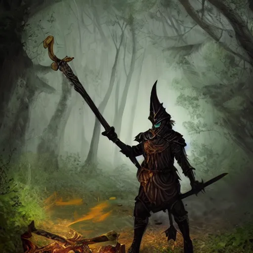 Image similar to high quality matte painting, grim fantasy witchy art, a woodland knight made of wood holding a giant club, in a dark forest, digital art, high quality render, artstation, 8 k, photograph quality, ultrahd, in the style of dungeons and dragons