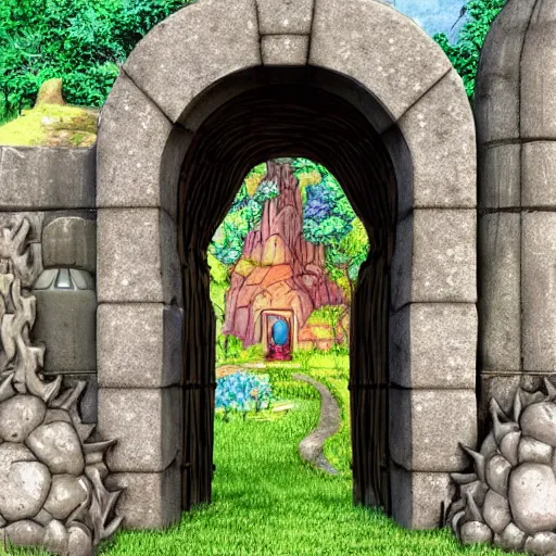Image similar to gate portal with another world visible inside in studio ghibli style, dreamy, mystical, dark