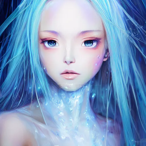 Prompt: advanced digital portrait painting photograph, a very beautiful anime girl wearing a dress made of water standing in a crystal lake , full body, very long black hair, azure blue watery eyes, full round face, seductive stare, cinematic lighting, medium shot, mid-shot, highly detailed, trending on artstation, Unreal Engine 4k, Stanley Artgerm Lau, WLOP, Rossdraws, James Jean, Andrei Riabovitchev, Marc Simonetti, and Sakimichan
