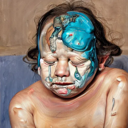 Prompt: high quality high detail painting by lucian freud and jenny saville, hd, hysteric face, turquoise