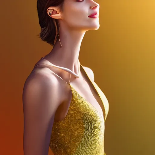 Image similar to portrait of woman with perfect skin, flowing yellow dress, glowing, ornate, jaw dropping beauty, glowing background lighting, white accent lighting, hyper detailed, 4 k octane render