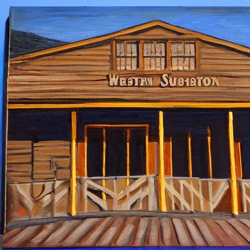 Image similar to from a movie scene, painting of a western saloon exterior in old town