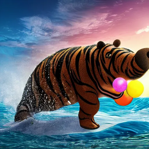 Image similar to a closeup photorealistic photograph of a cute smiling knitted tiger hippopotamus chasing a beachball at sunset. surf in the background. professional capture. this 4 k hd image is trending on artstation, featured on behance, well - rendered, extra crisp, features intricate detail, epic composition and the style of unreal engine.