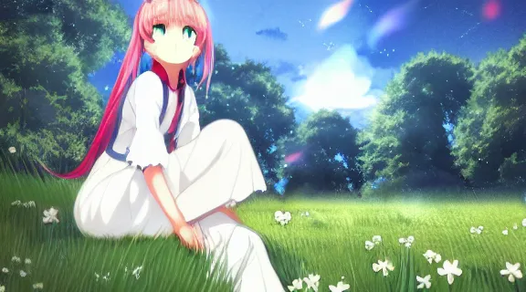 Image similar to Kanna Kamui sitting in a field of Ghibli Clover | Big Moon at Blue Night | GLOWING FLOWERS | strong blue rimlit | visual-key | anime illustration | highly detailed High resolution | Light Novel | Visual Novel | Gosick