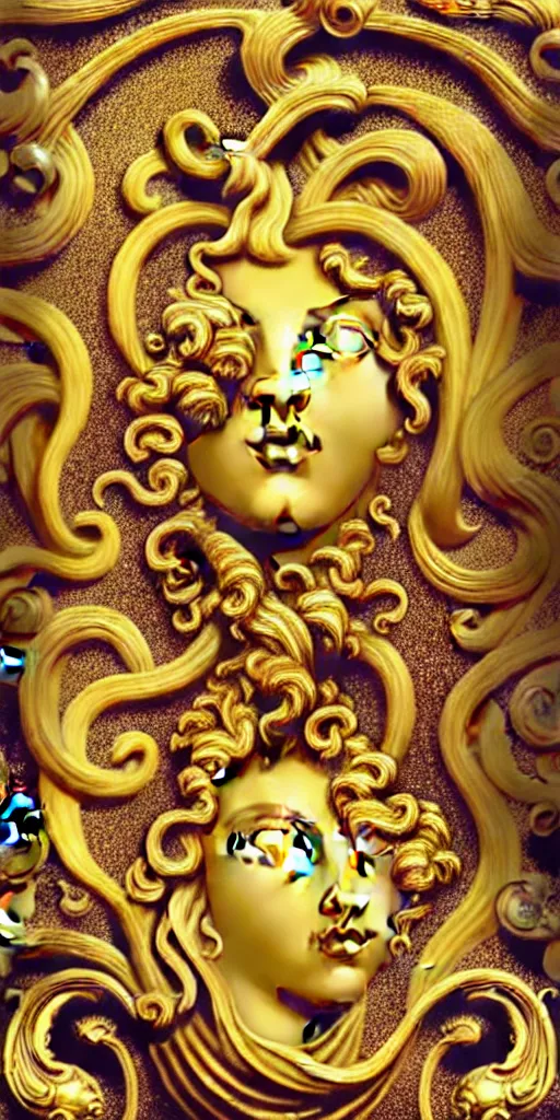 Image similar to the source of future growth dramatic, elaborate emotive Golden Baroque and Rococo styles to emphasise beauty as a transcendental, seamless pattern, symmetrical, large motifs,versace medusa logo in centre, bvlgari jewelry, rainbow syrup splashing and flowing, Palace of Versailles, 8k image, supersharp, spirals and swirls in rococo style, medallions, iridescent black and rainbow colors with gold accents, perfect symmetry, High Definition, photorealistic, masterpiece, 3D, no blur, sharp focus, photorealistic, insanely detailed and intricate, cinematic lighting, Octane render, epic scene, 8K