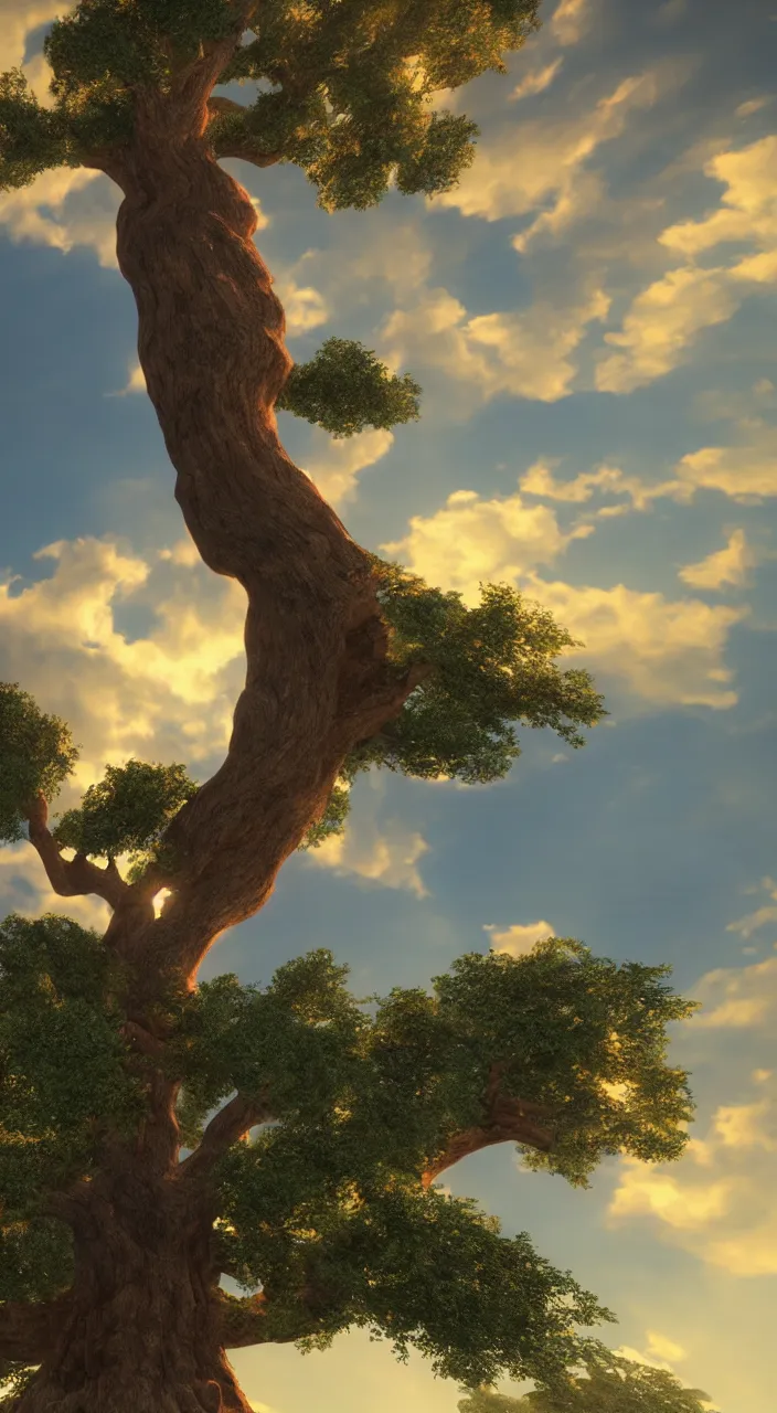 Image similar to a gigantic oak reaching the sky, detailed clouds, sunbeams, heavenly color scheme, unreal engine